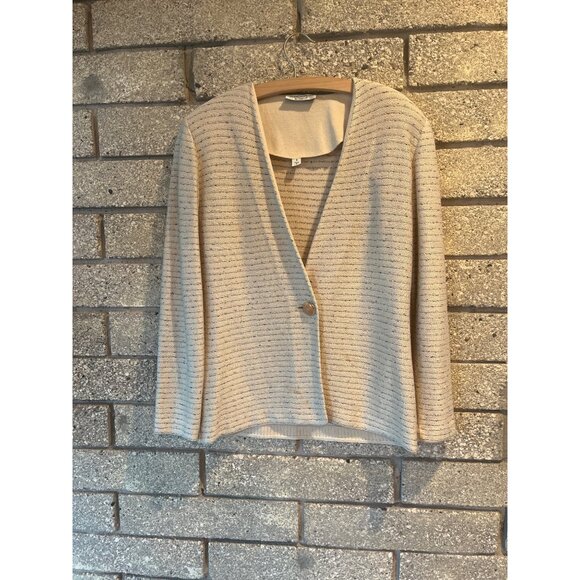 St. John By Marie Gray Striped Knit Beige Cardigan Blazer Womens Size 8 - Picture 1 of 8